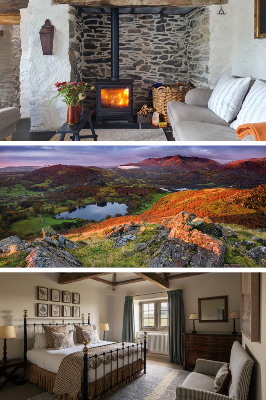 3 images; fireplace, Lake District view, bedroom