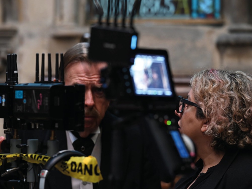 Timothy Spall and Tina Gharavi during filming